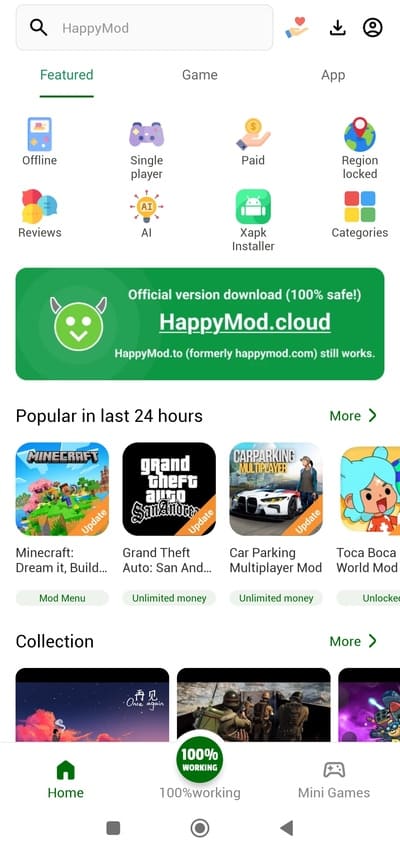 HappyMod home screen with categories and popular apps