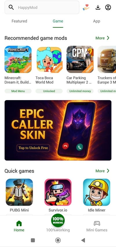 HappyMod game discovery screen