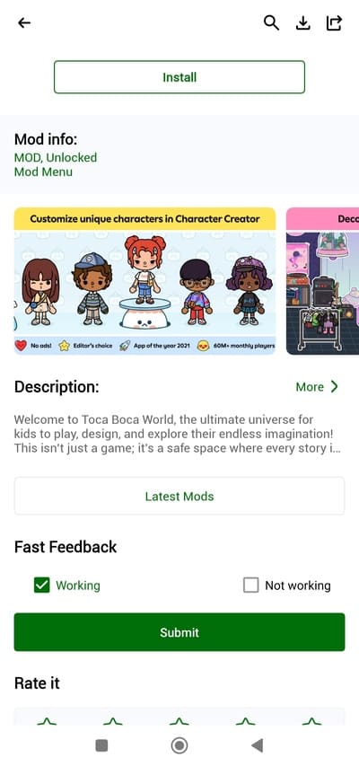 HappyMod app detail page with mod information